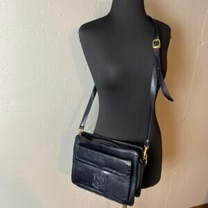 Vintage Belle Rose Black Leather Crossbody Top Handle Bag
